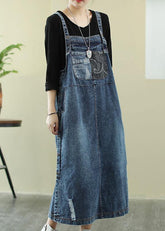 Vestido túnica con flores en azul vaquero y blanco intenso, vestido largo con escote oblicuo y agujeros